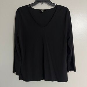 DKNY Black V-Neck 3/4 Sleeve Knit Top Crochet Lace Trim Size Large relaxed basic